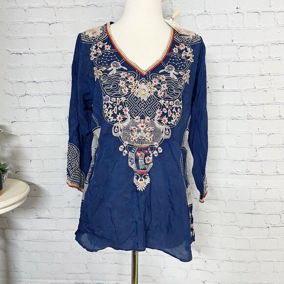 Johnny Was Peyton Blouse Women’s S Colorful Embroidered Blue Rayon Boho V-neck - Picture 2 of 10